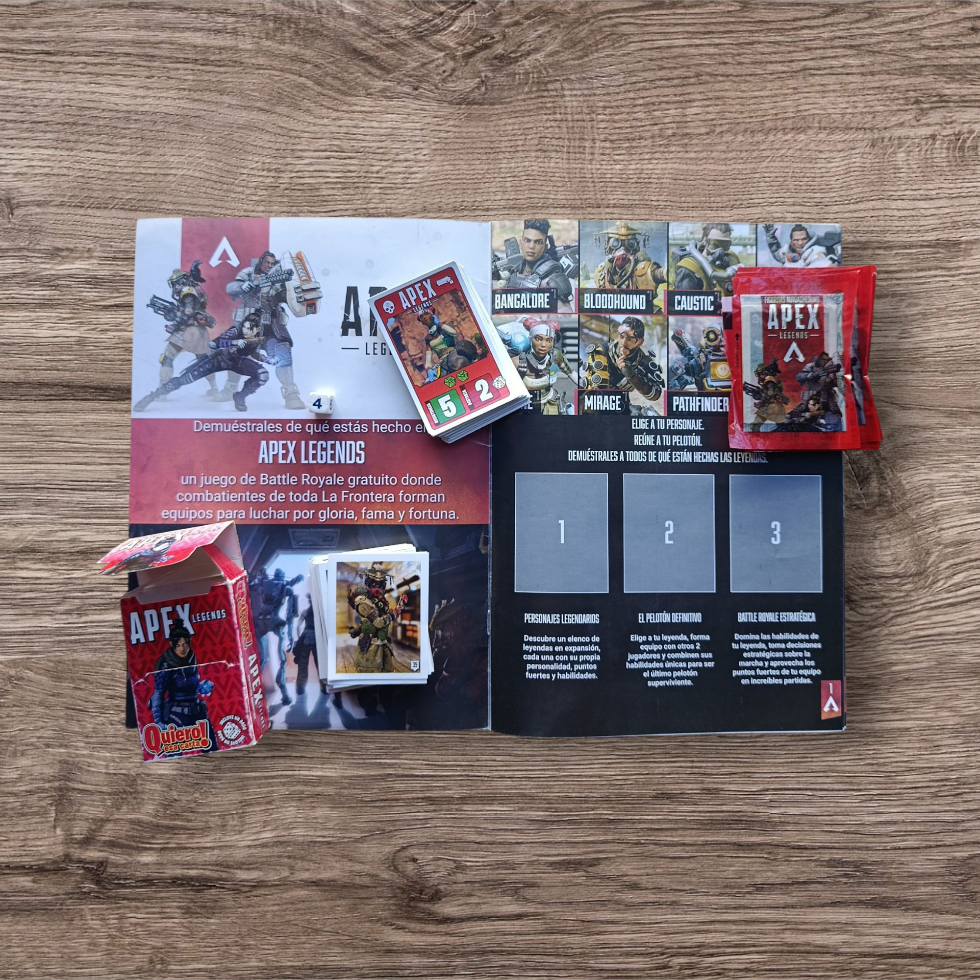 Álbum + 152 figuritas sin repetir + 10 sobres + mazo naipes Apex