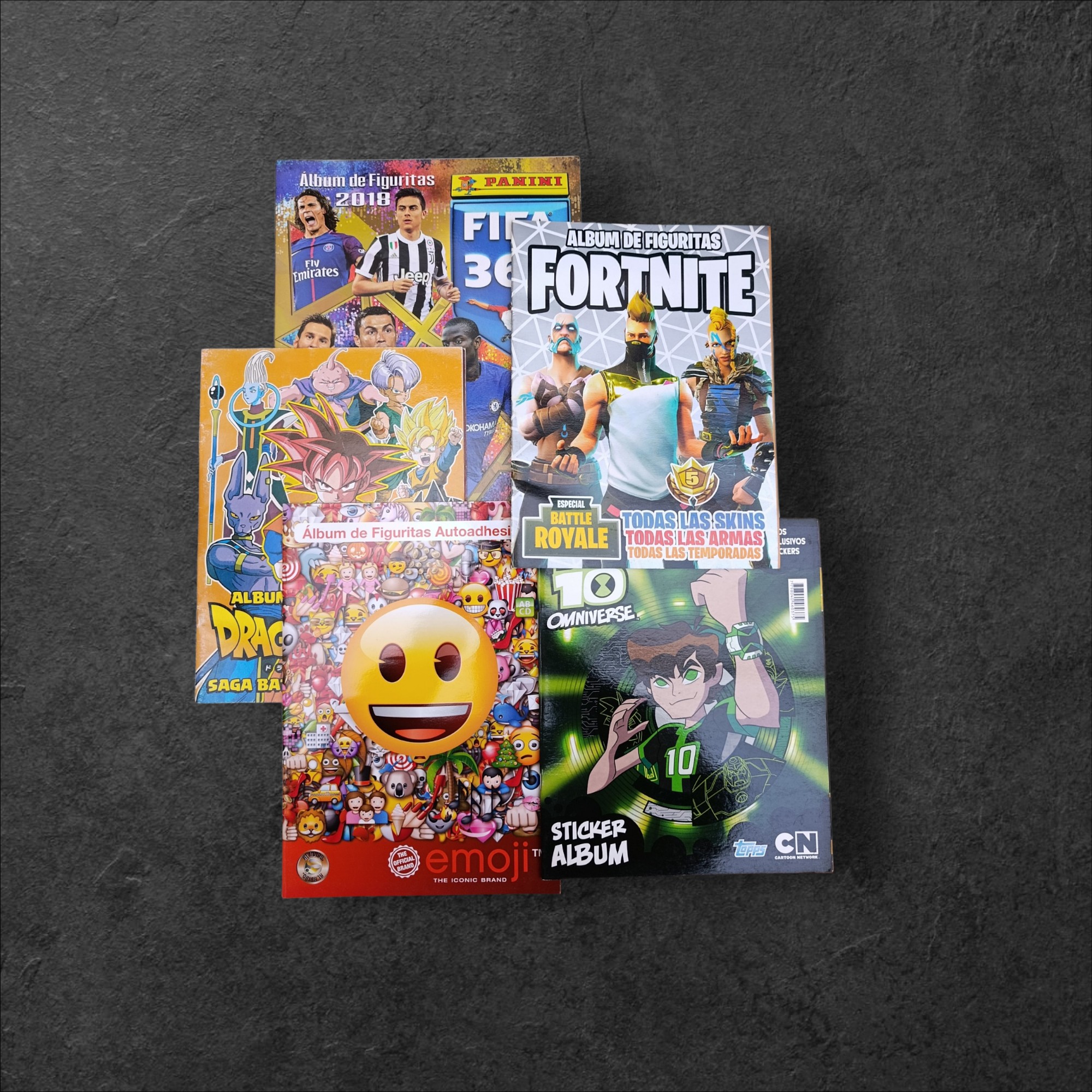 Lote de 5 Álbumes Vacíos: FIFA 365, Dragon Ball Super, Emoji, Fortnite y Ben 10