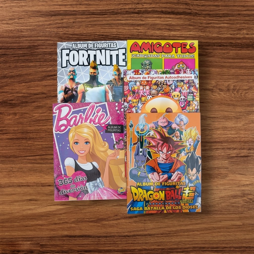 Lote de 5 Álbumes Vacíos: Fortnite, Dragon Ball, Barbie, Amigotes y Emoji